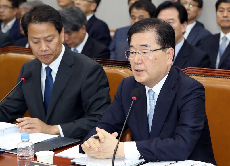 Blue House National Security Office Director Chung Eui-yong responds to questions during an audit of the Presidential Secretariat by the National Assembly’s Steering Committee on Nov. 6 (Yonhap News)