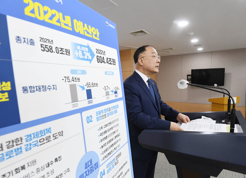홍남기 부총리 겸 기획재정부 장관이 지난 8월31일 서울 광화문 정부서울청사에서 열린 ‘2022년 예산안 및 2021~2025년 국가재정운용계획’ 관련 브리핑에서 모두발언을 하고 있다. 기획재정부 제공.