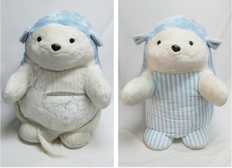 Before and after photos of a stuffed animal admitted for “plastic surgery” at a doll hospital. (provided by Doll Hospital)