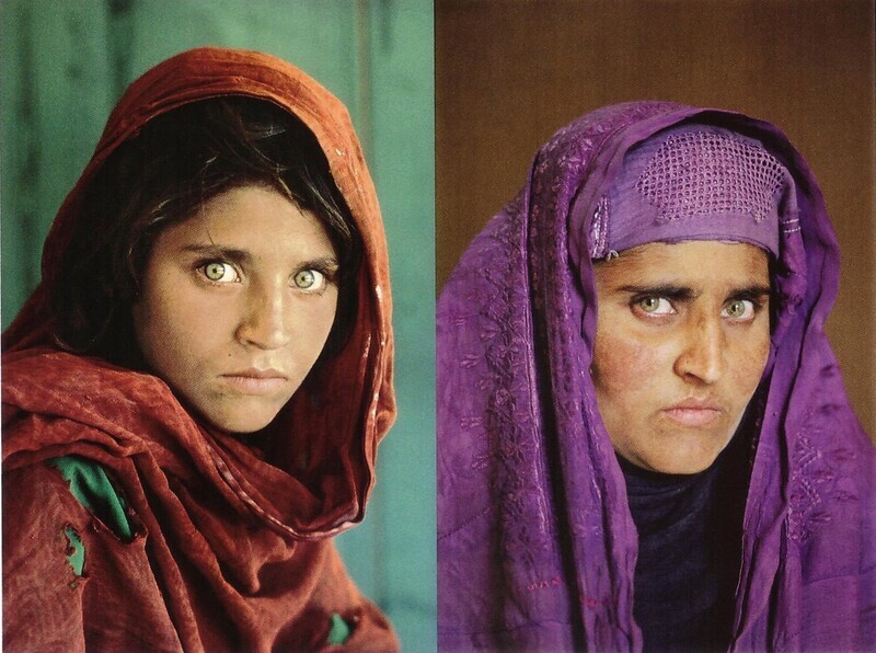 American photojournalist Steve McCurry’s `1984 photographic portrait “Afghan Girl” of Sharbat Gula (left) and a portrait of the same woman in 2002 also by McCurry