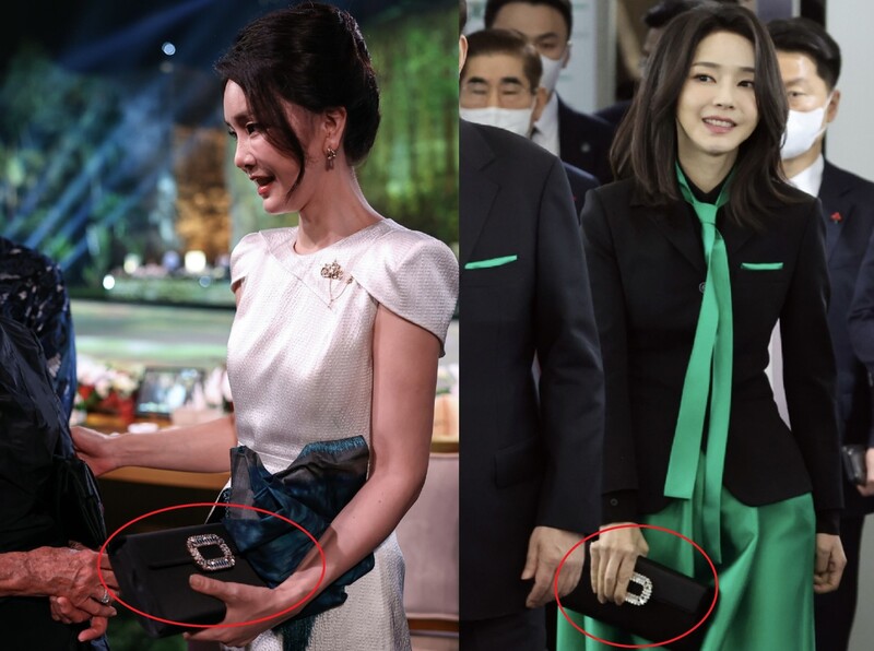 김건희 여사가 2022년 주요 20개국(G20) 환영 만찬(왼쪽)과 2023년 문화예술인 신년인사회(오른쪽)에서 로저 비비에 브랜드의 클러치백을 든 모습. 연합뉴스
