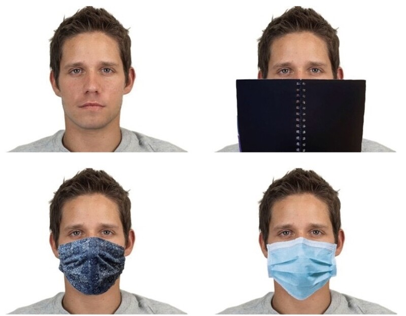 마스크 실험에 사용한 사진의 사례. 왼쪽 위부터 시계방향으로 맨얼굴과 노트북, 의료용 마스크, 천마스크로 가린 얼굴. Cognitive Research