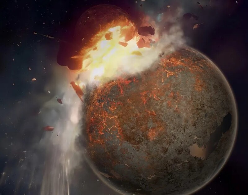 45억년 전 지구와 원시행성 테이아의 충돌 상상도. 애리조나주립대 제공