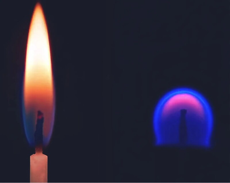 지구 중력(왼쪽)과 미세중력(오른쪽)에서의 불꽃 모양 비교. 바르다 제공
