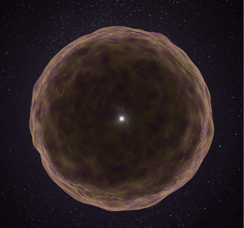 바깥층의 가벼운 원소를 잃고 안쪽의 규소(회색), 황(노란색), 아르곤(보라색) 등 무거운 원소층을 드러낸 폭발 직전의 초신성 ‘SN 2021yfj’을 묘사한 그림. 노스웨스턴대 제공