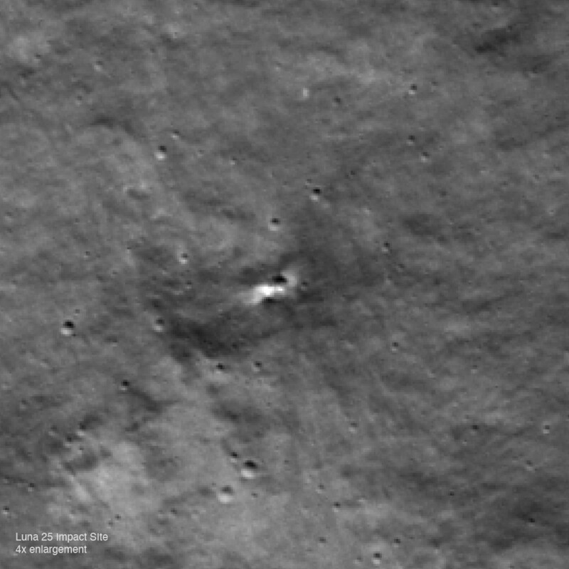 러시아의 달 탐사선 루나 25호가 달 표면에 추락하면서 만든 지름 약 10미터 구덩이. 사진에 담긴 달 표면의 폭은 275m이며 위쪽이 북쪽이다. 미국의 달 궤도선이 촬영한 사진을 4배 확대한 것이다. 미 항공우주국 제공