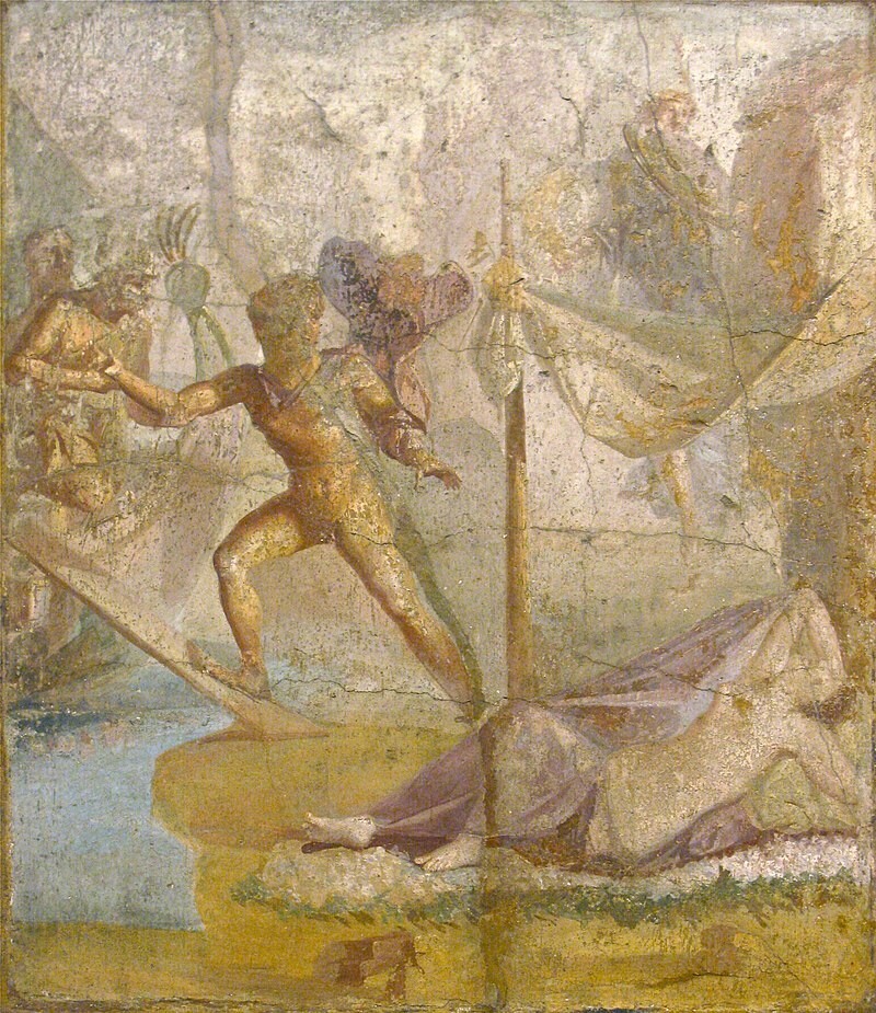 크레타에서 탈출하는 테세우스를 묘사한 폼페이의 프레스코 벽화. 아테네인들은 테세우스가 탈출하는 데 사용했던 배의 부품이 부패하자 하나씩 교체하며 보존했다. 위키미디어 코먼스