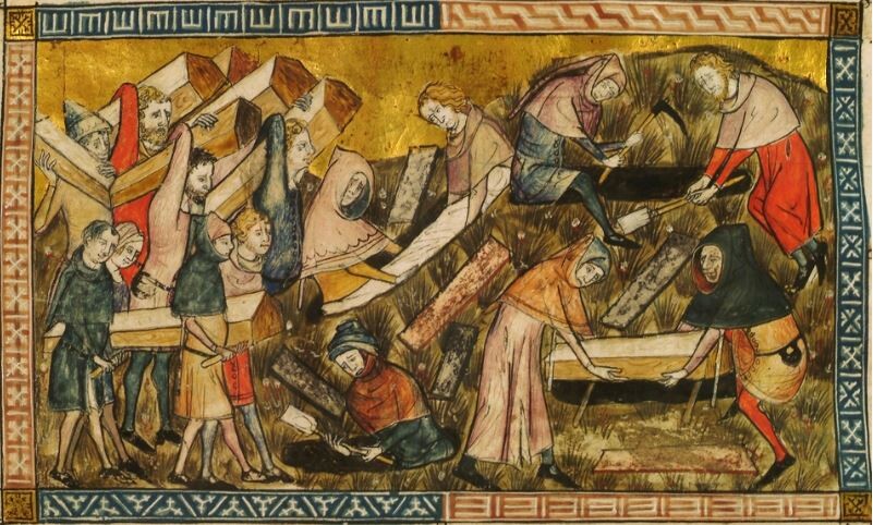 피에라르 두 티엘이 1353년 흑사병으로 죽은 사람을 파묻는 사람들의 모습을 그렸다. 로열벨기에도서관 자료