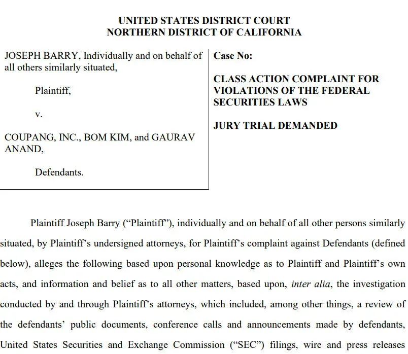 A portion of the class action complaint filed against Coupang. 