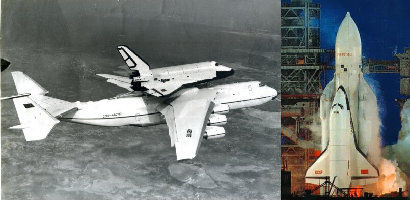 그림 7. 소련의 우주왕복선 부란. 왼쪽: 착륙 시험을 위해 세계 최대의 화물 항공기였던 안토노프 An-225의 위에 실려 날아가는 우주왕복선 부란. 오른쪽: 1989년 11월14일 에네르기야 발사체에 실려 발사되는 우주왕복선 부란. 사진 출처: Wikimedia Commons
