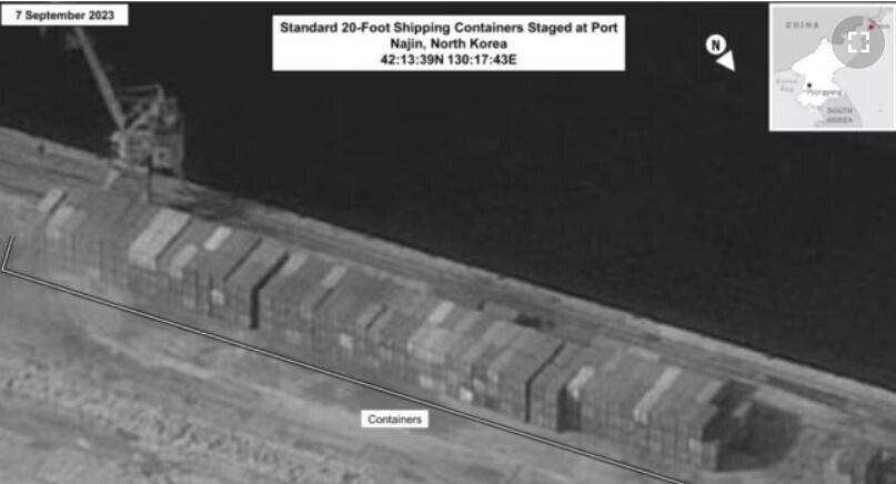 The White House released this image, saying that on Sept. 7 freight containers holding weapons meant for Russia were stacked in North Korea’s Rajin Port.