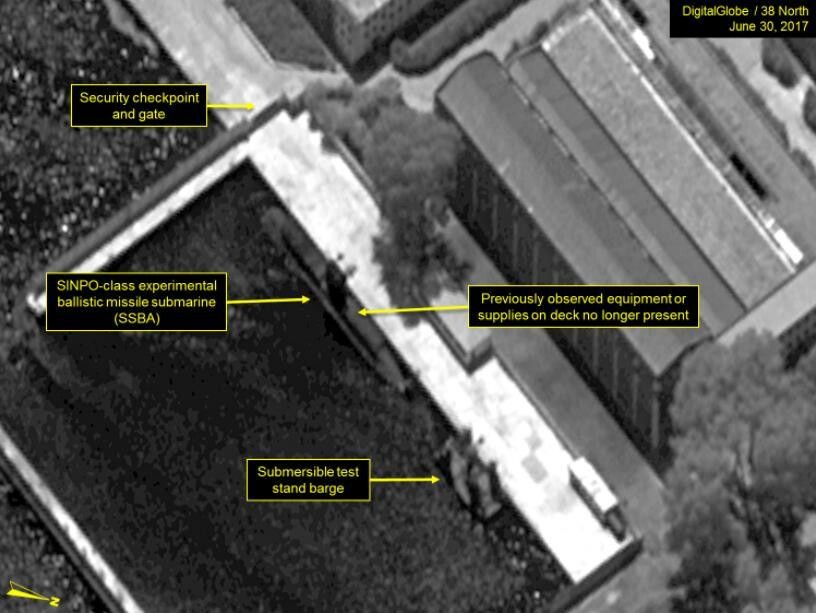 Satellite imagery posted on July 20 on the North Korea affairs website 38 North of activity at Sinpo South Shipyard