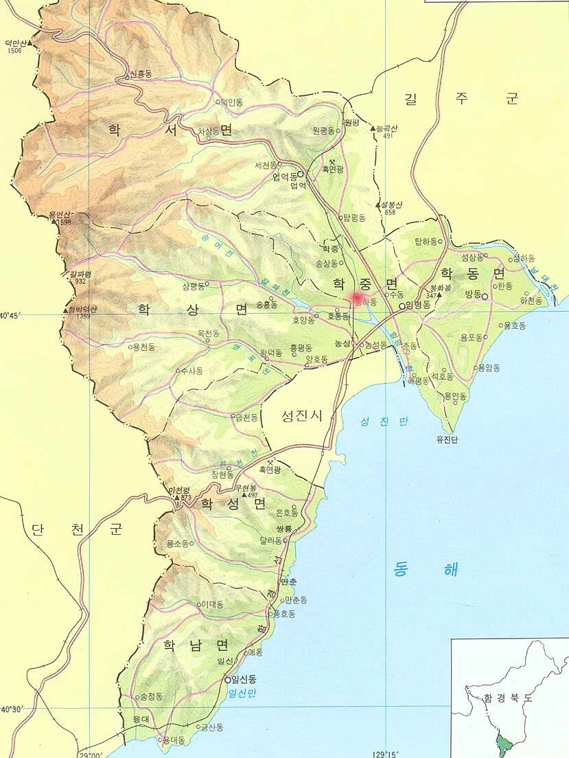 해방 전 함경북도 성진군 지도. 붉은 점 찍은 곳이 성진군 학중면 송하마을이다. 임경석 제공