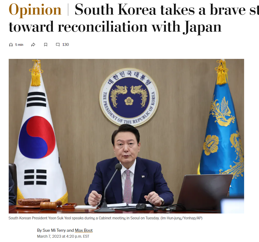 Sumi Terry, miembro del Consejo de Relaciones Exteriores (CFR), escribió en el Washington Post en marzo del año pasado que Corea del Sur da un paso audaz hacia la reconciliación con Japón, con la presión del Ministerio de Asuntos Exteriores coreano.  asuntos.  Captura de pantalla del sitio web del Washington Post