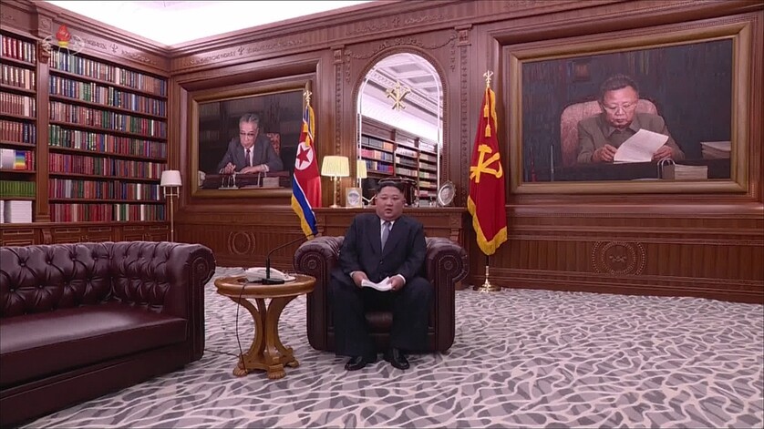 North Korean leader Kim Jong-un gives his New Year’s address at the Workers’ Party of Korea headquarters in Pyongyang on Jan. 1. (Yonhap News)