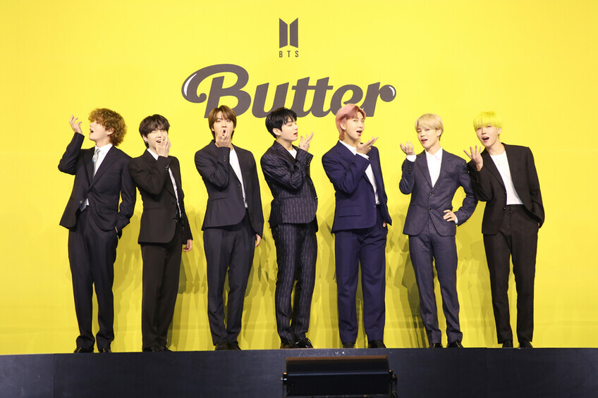 Members of BTS pose for a photo at a press conference held in Seoul for the release of their new single “Butter” on May 21. (Yonhap News)