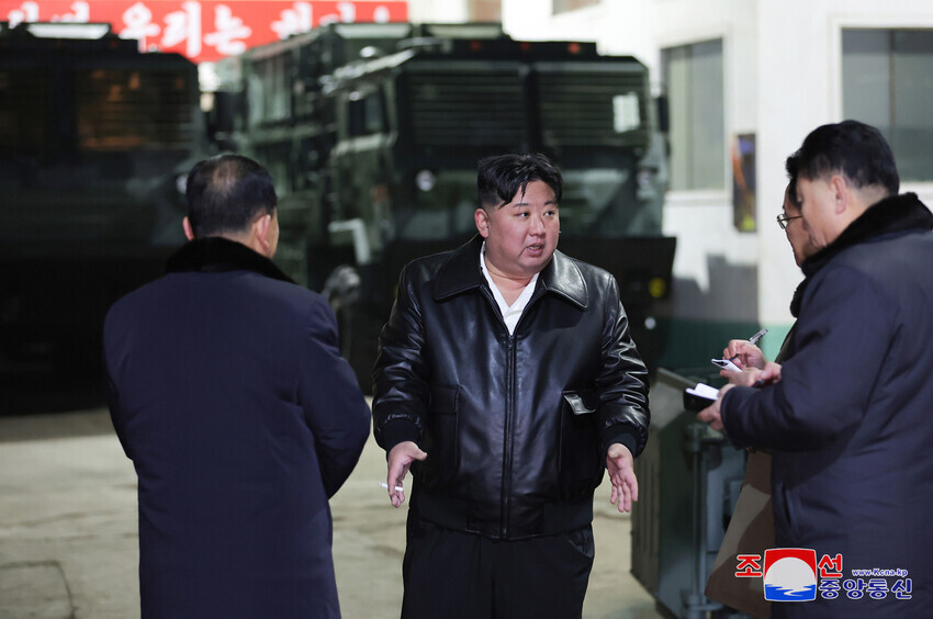 North Korea’s state-run Rodong Sinmun reported on Jan. 10, 2024, that leader Kim Jong-un toured and inspected key munitions factories on Jan. 8-9. (KCNA/Yonhap)