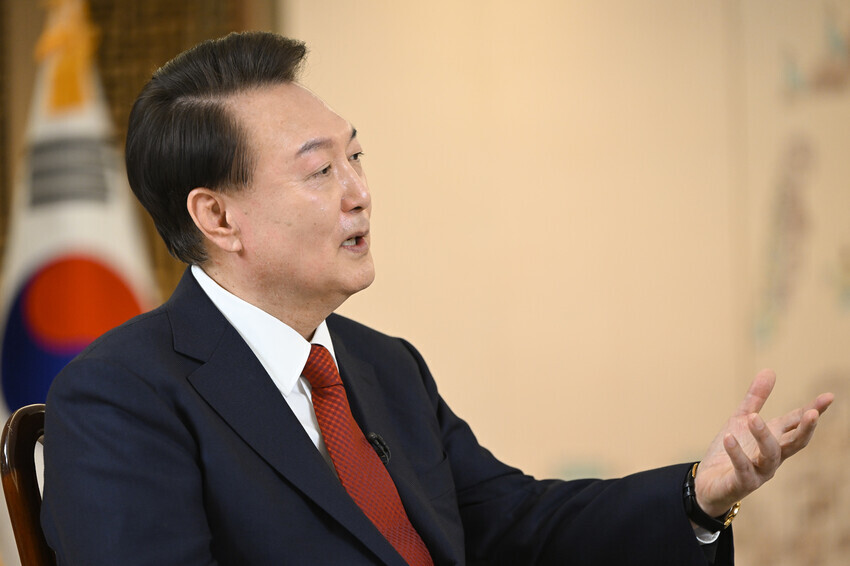 President Yoon Suk-yeol speaks to KBS for a special exclusive interview recorded on Feb. 4 at the presidential office in Yongsan. (courtesy of the presidential office)