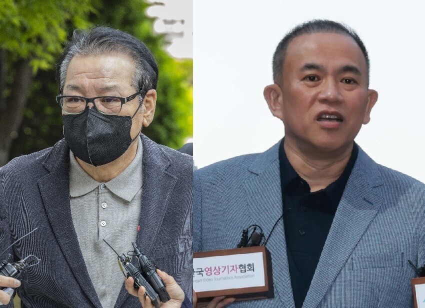 '건진법사' 전성배씨(왼쪽)와 윤석열 부부 공천 개입 의혹 핵심 인물인 명태균씨. 공동취재사진(왼쪽)·김혜윤 기자 unique@hani.co.kr