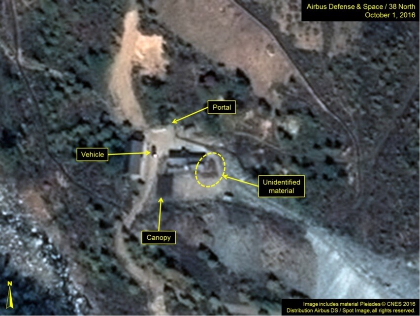 Satellite image from the North Korea affairs website 38 North showing activity at the Punggye-ri test site on Oct. 1.