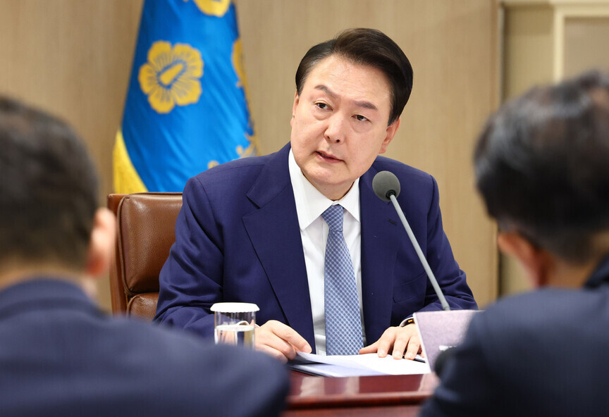 President Yoon Suk-yeol speaks at a review of economic issues held at the presidential office in Yongsan on May 23, 2024. (Yonhap)