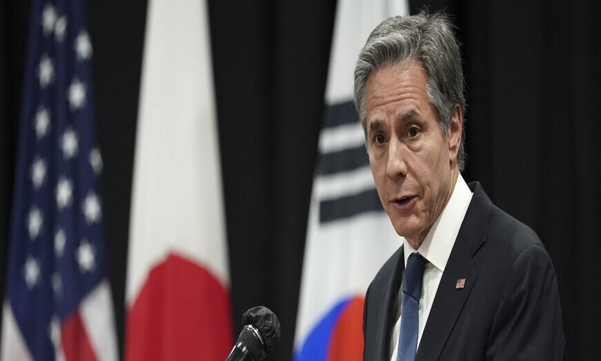 US Secretary of State Antony Blinken speaks at a press conference following a trilateral meeting of foreign ministers from South Korea, the US, and Japan in Hawaii on Saturday. (AP/Yonhap News)