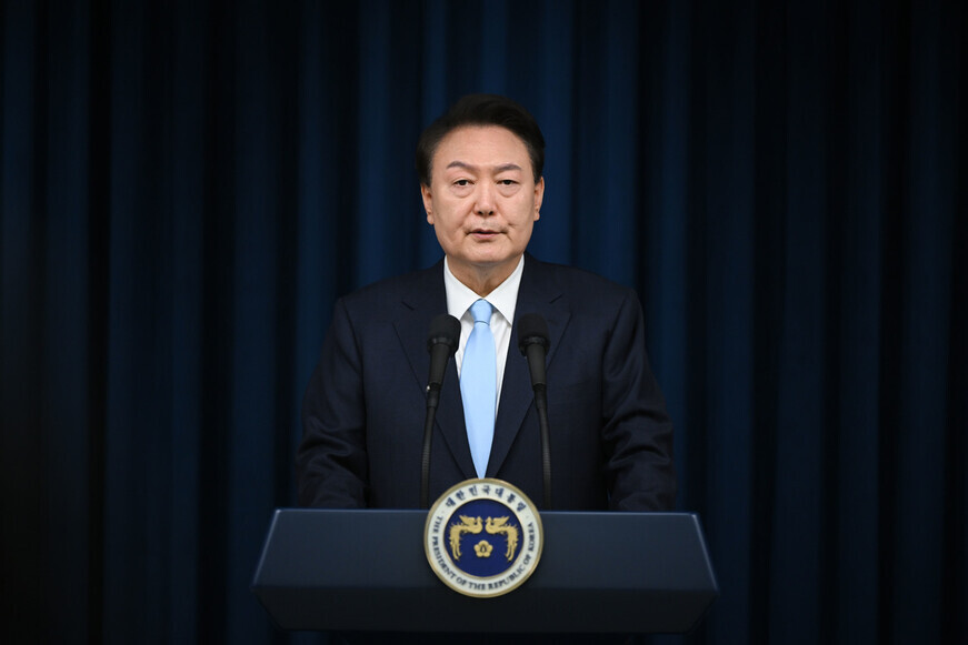 President Yoon Suk-yeol delivers an address to the nation regarding health care reforms on April 1, 2024, from the presidential office in Seoul. (courtesy of the presidential office)