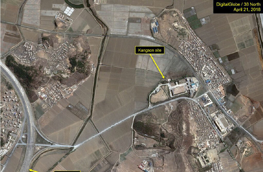 A satellite image of the Kangson enrichment site in North Korea, which has been suspected of enriched uranium production, just outside Pyongyang. The image was taken on Apr. 21, 2018. (provided by 38 North)