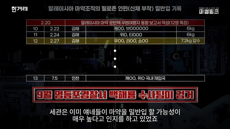 백해룡 수사팀은 23년 7월에 수사에 착수한 뒤 9월에 말레이시아 마약 조직원 2명을 검거했다. 한겨레 영상 갈무리.