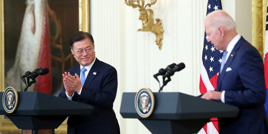South Korean President Moon Jae-in holds a joint press conference with US President Joe Biden on Friday at the White House after their first in-person summit. (provided by the Blue House)