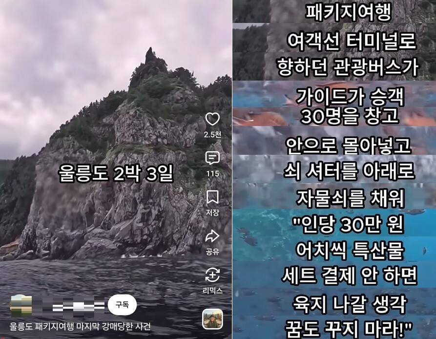 지난 23일 한 유튜브 채널에 ‘울릉도 패키지여행 마지막 강매 당한 사건’이란 제목으로 공개된 허위 영상 갈무리. 유튜브 갈무리