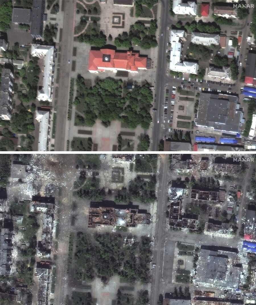 우크라이나 바흐무트의 극장과 가게가 파괴되기 전인 2022년 5월8일 모습(위), 교전으로 건물이 파괴된 2023년 5월15일 사진이 대비된다. AP 연합뉴스