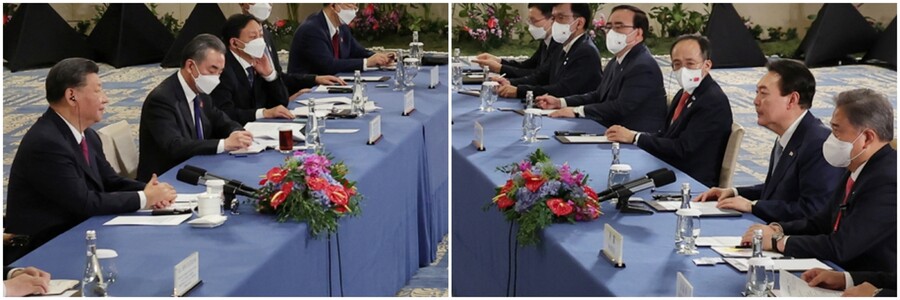 윤석열 대통령과 시진핑 중국 국가주석이 15일(현지시각) 인도네시아 발리의 한 호텔에서 첫 정상회담을 하고 있다. 대통령실 제공
