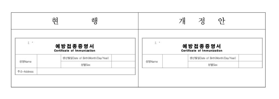 예방접종증명서 현행(왼쪽)과 개정안 모습. 질병관리청