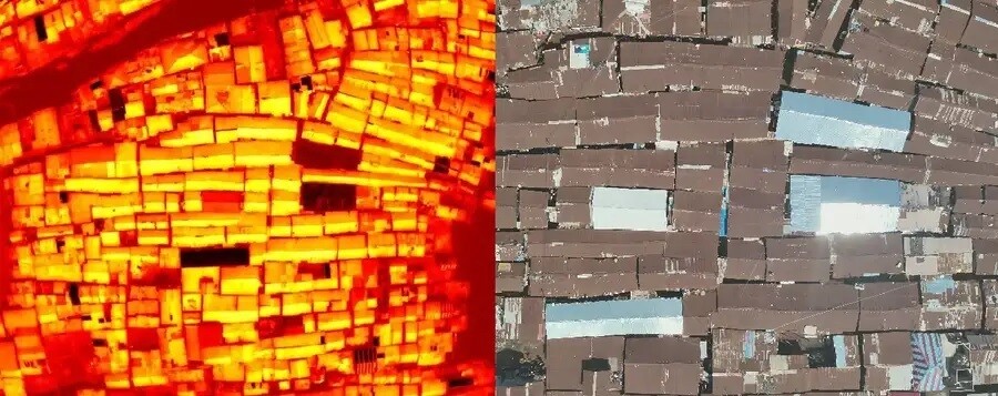 왼쪽은 지붕의 열 지도, 오른쪽은 실제 지붕의 모습. 열 지도에서 어두운 부분은 온도가 낮다는 걸 뜻한다. 온도 측정 결과 새로 함석 지붕을 추가한 집(왼쪽 아래)보다 반사 필름을 씌운 두 집의 지붕(오른쪽)이 온도가 더 낮았다. MEER 제공