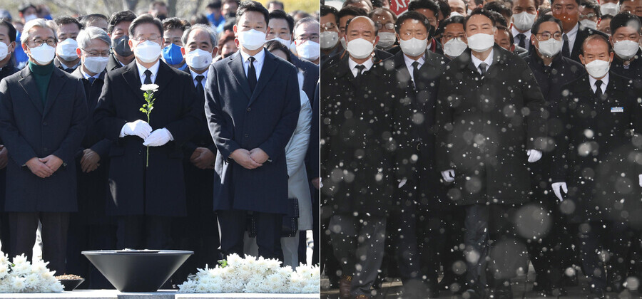 Democratic Party presidential nominee Lee Jae-myung (center, left photo) takes part in a ceremony commemorating the late former President Roh Moo-hyun on Sunday. On the same day, People Power Party presidential nominee (center, right photo) takes part in a memorial ceremony at the May 18th National Cemetery. (Left: Kim Bong-gyu/The Hankyoreh; right: Yonhap News)