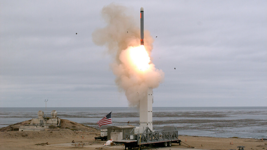 The US Department of Defense tests intermediate-range missiles on San Nicolas Island off the coast of California on Aug. 18, 2019, 16 days after the US withdrew from the Intermediate-Range Nuclear Forces (INF) treaty it signed with the Soviet Union in 1987. (US Department of Defense)