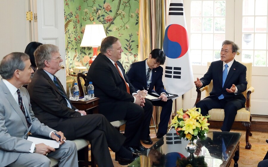 South Korean President Moon Jae-in with US Secretary of State Mike Pompeo