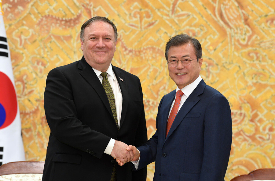 South Korean President Moon Jae-in meets with US Secretary of State Mike Pompeo at the Blue House on Oct. 7