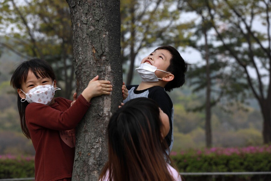 ‘사회적 거리 두기’가 다소 완화돼, 닫혔던 문이 열린 인천대공원 숲에서 어린이들이 봄을 즐기고 있다.