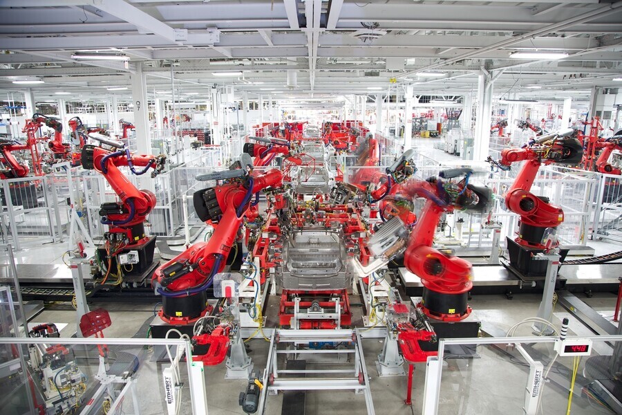Production of electric vehicle (EV) batteries at Tesla. (provided by Tesla)