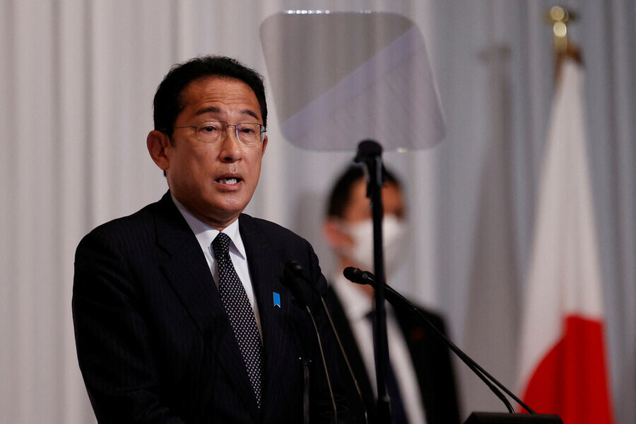 Japanese Prime Minister Fumio Kishida speaks at LDP headquarters in Tokyo on July 11, after the party won big in Sunday’s elections for the upper house of the Diet. (Reuters/Yonhap News)
