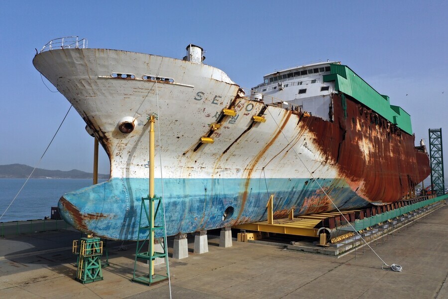 The salvaged Sewol ferry sits at a port in Mokpo, South Jeolla Province, on April 13, 2023, days ahead of the ninth anniversary of its sinking, which killed over 300 people, most of whom were high school students on a field trip. (Yonhap)