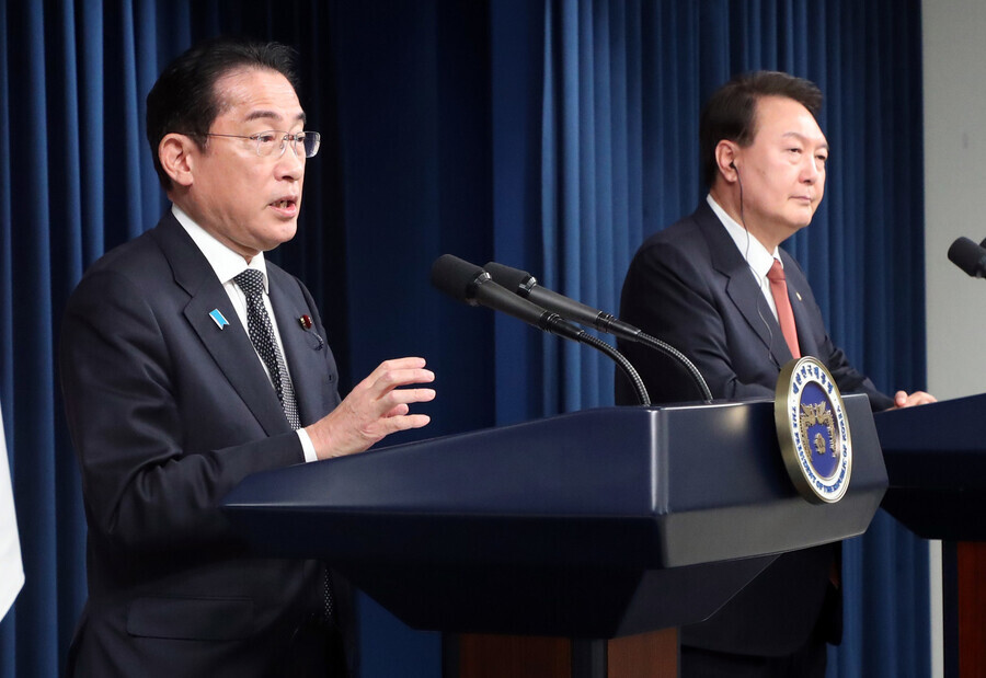 Prime Minister Fumio Kishida of Japan speaks at a joint press conference with President Yoon Suk-yeol of South Korea following their summit in Seoul on May 7. (presidential office pool photo)