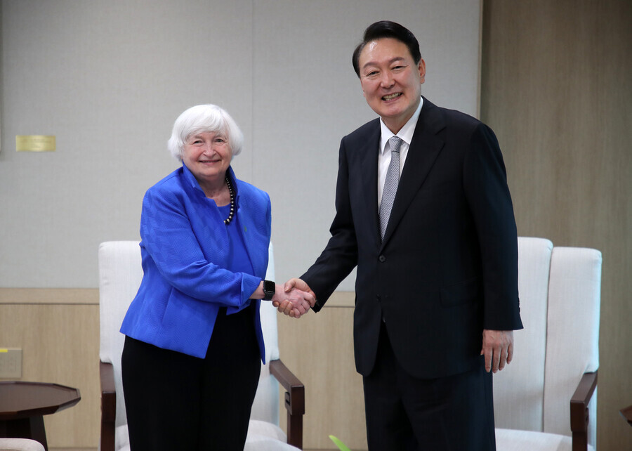 President Yoon Suk-yeol shakes hands with Janet Yellen, the US secretary of the treasury, during a meeting at the presidential office in Seoul’s Yongsan District on July 19. (presidential office pool photo)