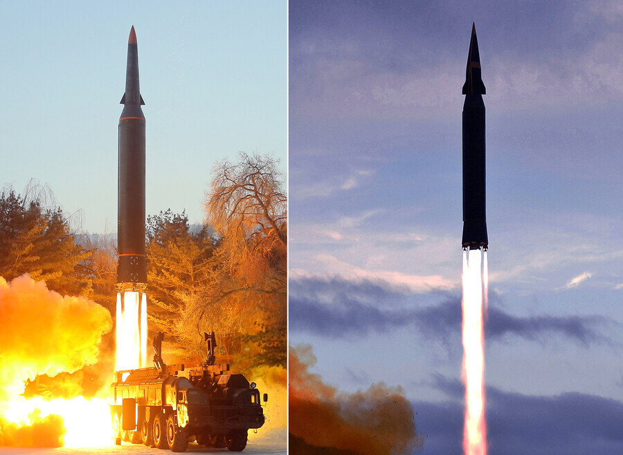 The photo on the left shows the hypersonic missile that North Korea claimed to have successfully launched on Wednesday, while the photo on the right shows the Hwasong-8 that was fired last September. (Yonhap News)