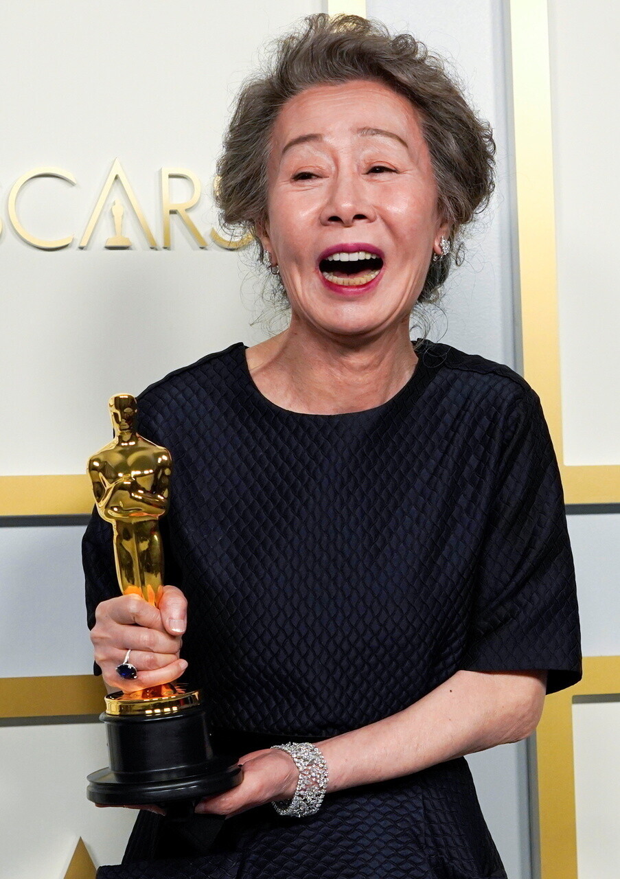 South Korean actor Youn Yuh-jung, winner of the award for best supporting actress for her role as Soon-ja in 
