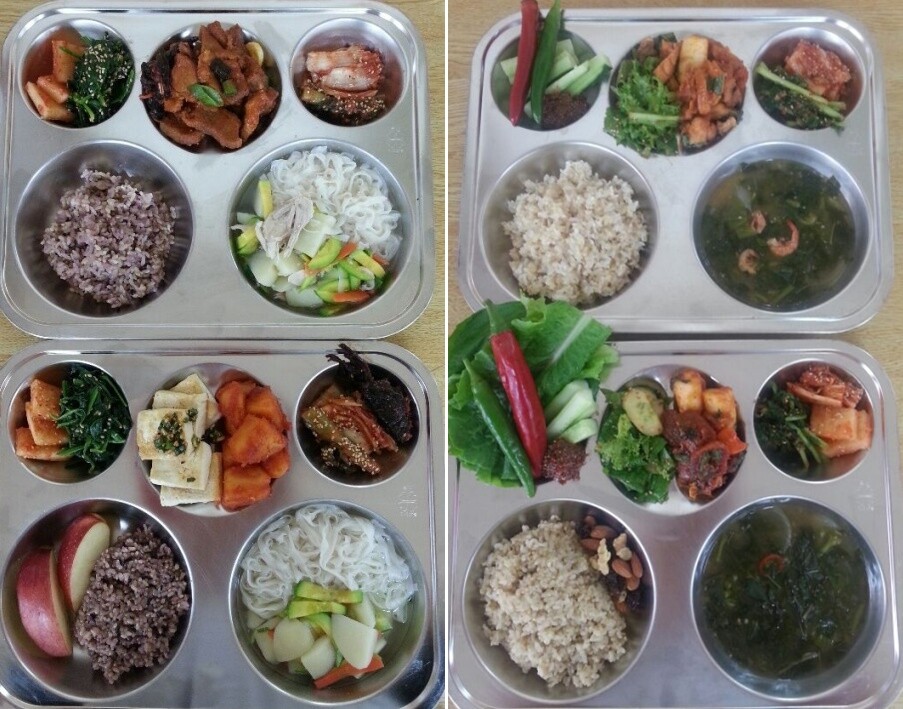 2013년 채식 선택급식을 실험한 광주 북성중학교의 일반 식단(왼쪽)과 채식 식단. 윤영란 제공