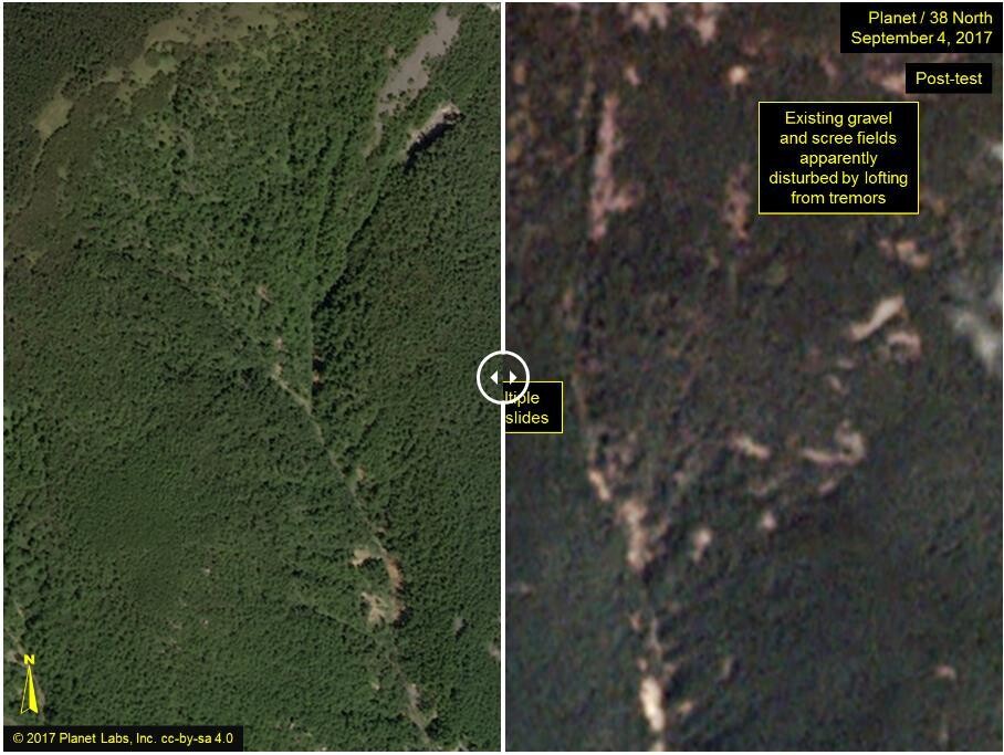 A before and after comparison from the website 38North shows the site of North Korea’s sixth nuclear test that took place at Punggye-ri in Gilju County