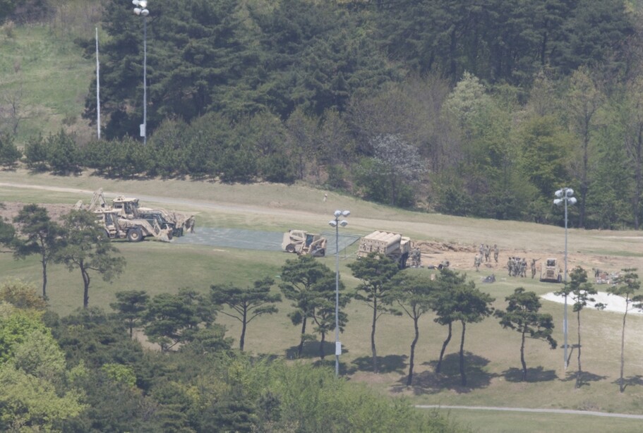 THAAD missile defense system components already deployed at the golf course site in Seongju County